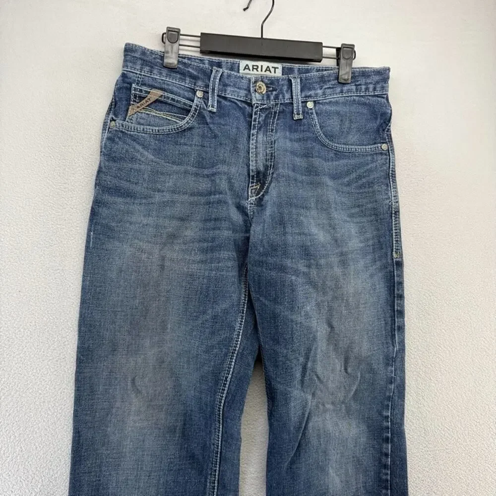 Ariat Jeans Men's 30x32 Blue Relaxed Bootcut M4 Denim Whisker Faded Workwear - Picture 3 of 11
